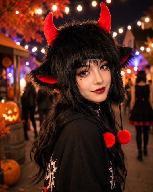 Halloween Devil Horns Beanie Hat – Plush Funny Costume Hat with Ear Protection (4 Colors)