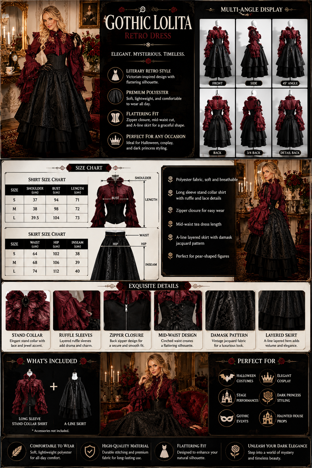 Halloween Gothic Lolita Two-Piece Set – Princess Sleeve Shirt & Corset Skirt (S–XL)