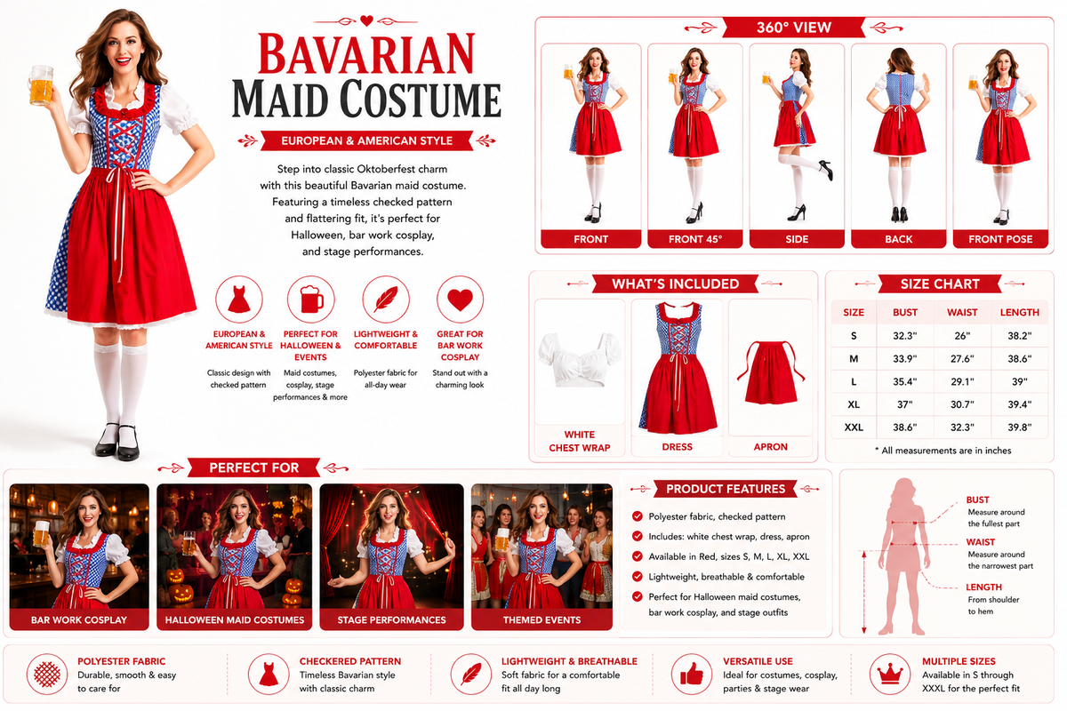 Halloween Red Checkered Maid Cosplay Costume Set – Dress, Apron & Chest Wrap (S–XXL)