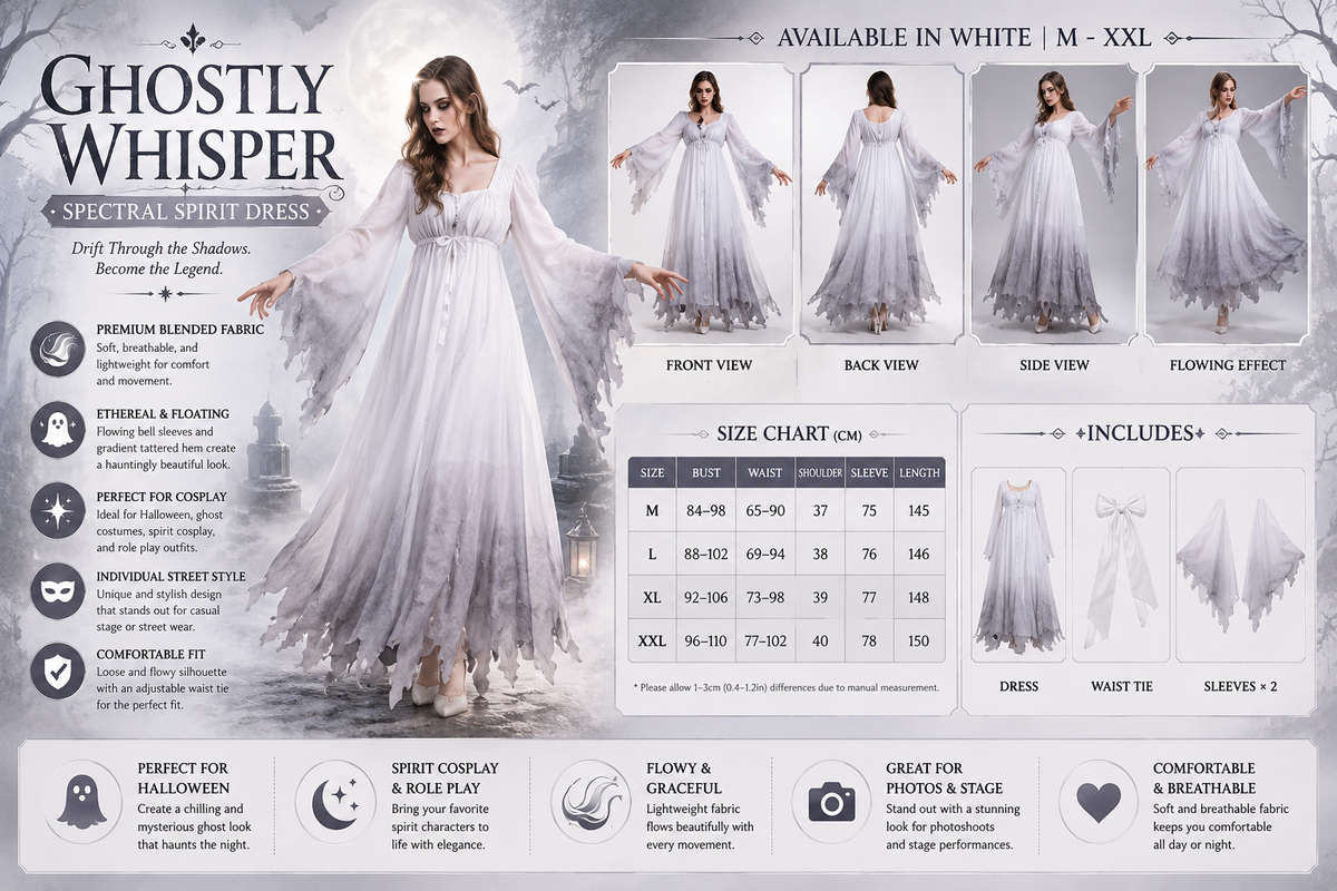 Halloween White Ghost Costume Dress – Women's Full-Length Role Play Outfit (M–XXL)