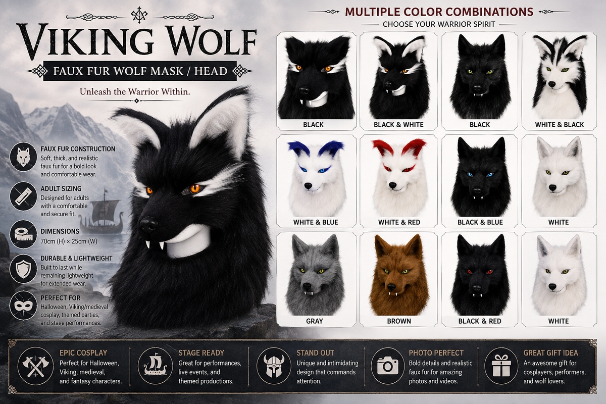 Faux Fur Wolf Half-Face Mask – Halloween Viking Medieval Costume Headpiece