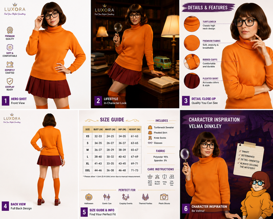 Halloween Kids' Scooby-Doo Velma Cosplay Costume – TV Character Dress Set (Size 110–150)