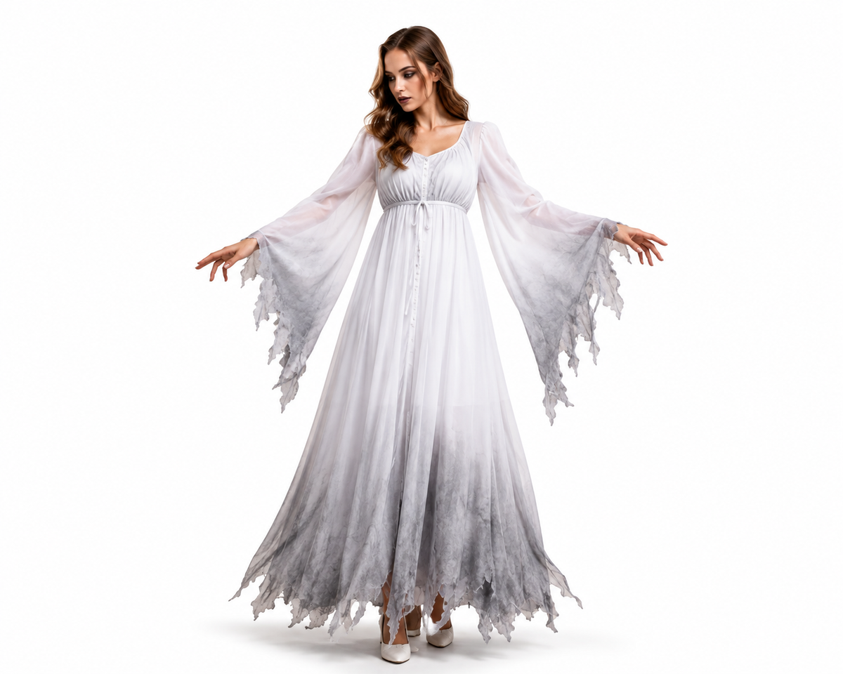 Halloween White Ghost Costume Dress – Women's Full-Length Role Play Outfit (M–XXL)