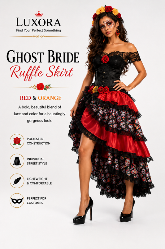 Ghost Bride Skull Ruffle Skirt – Women's Halloween Layered Midi Costume Skirt