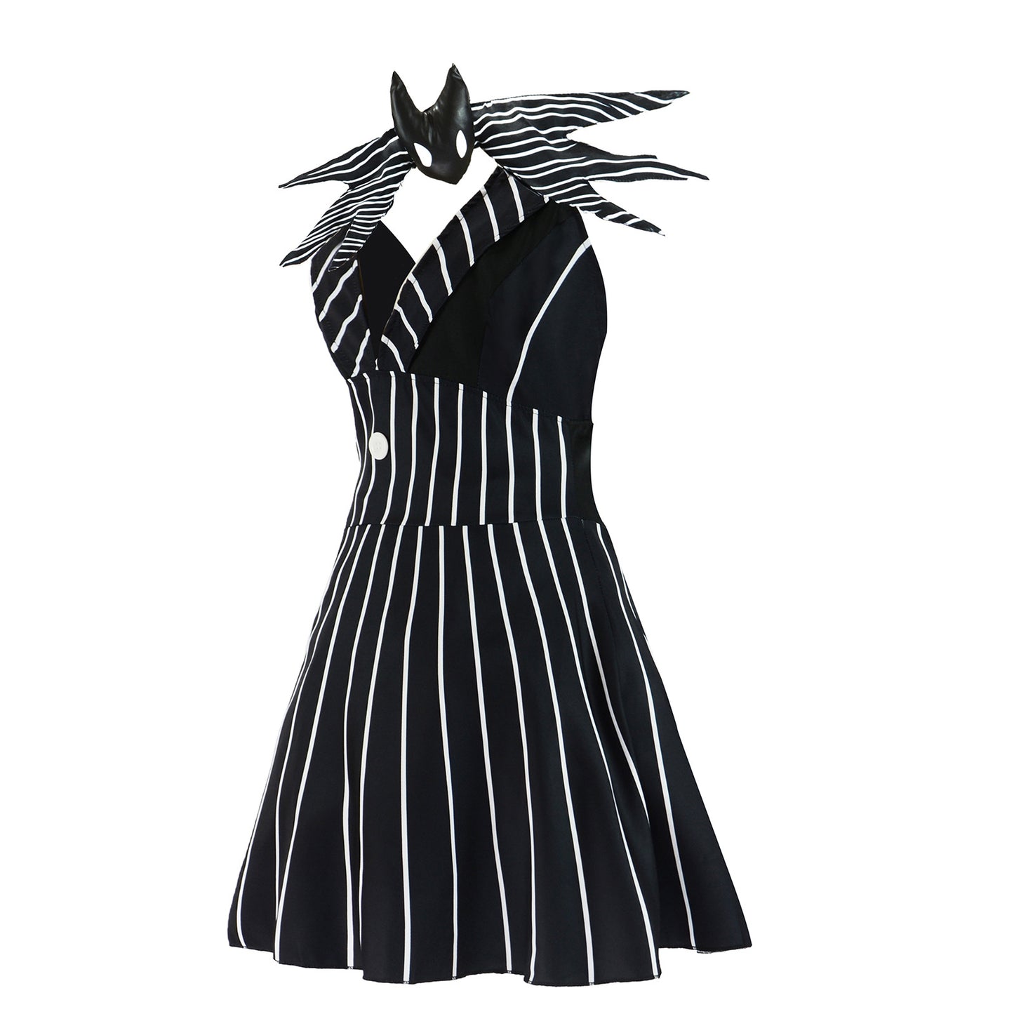 Jack Skellington Gender-Swap Cosplay Dress – The Nightmare Before Christmas | Pinstripe Halter Mini Dress, Bat-Wing Collar & Eye Mask | XS–3XL