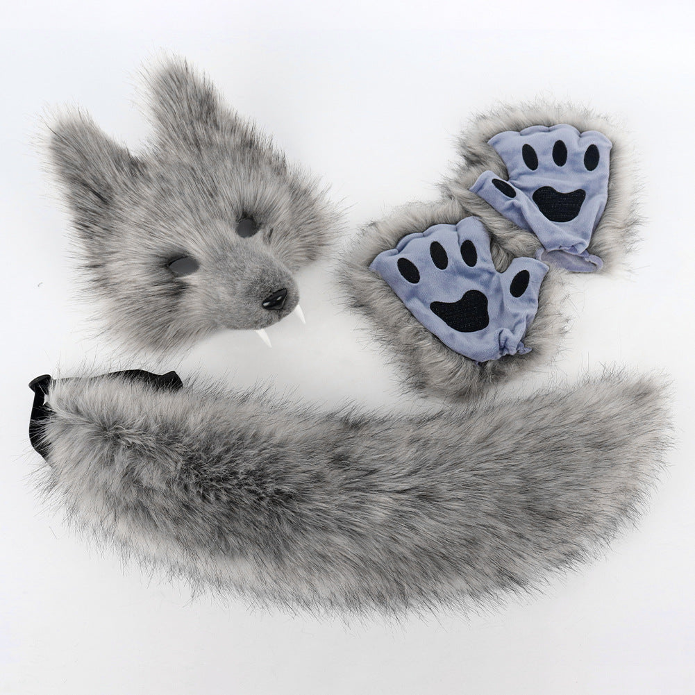Halloween Realistic Wolf Tooth Mask 3D Set Cosplay Lone Wolf Plush Animal Tail Party Costume Accessory