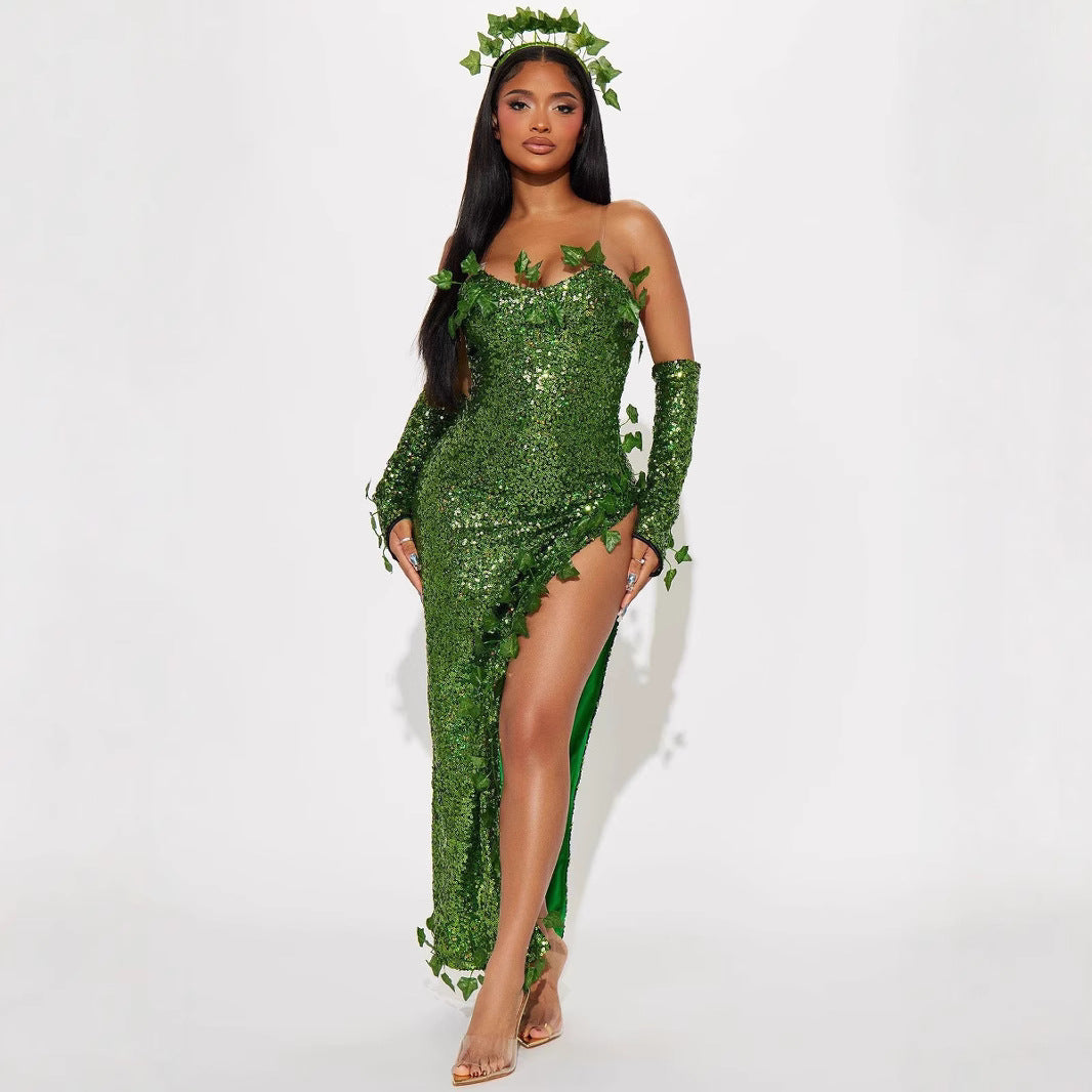 Green Sequin Leaf Dress – Sleeveless V-Neck High Waist | Mini or Maxi Length | Women's S–3XL