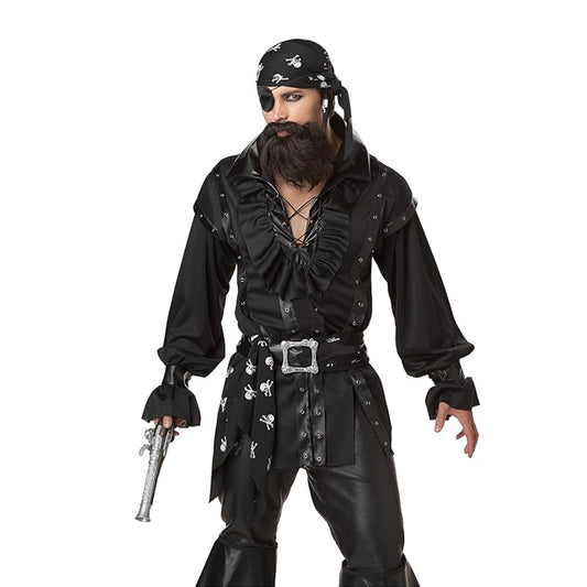 Men's Black Pirate Halloween Costume – Ruffled Shirt, Skull Sash, Bandana, Eye Patch & Belt Set | M–2XL