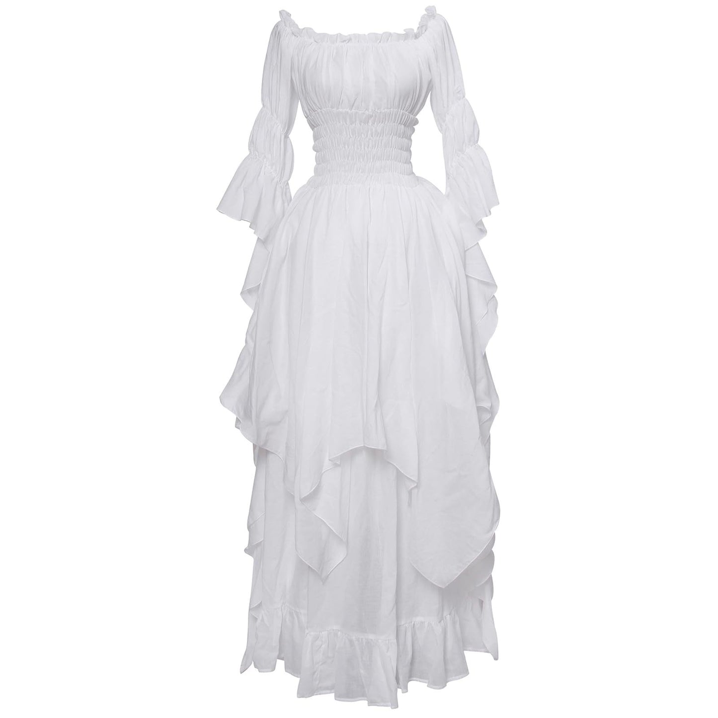 Medieval Renaissance Peasant Dress – Off-Shoulder Smocked Waist Hi-Lo Ruffle Gown | 9 Colors