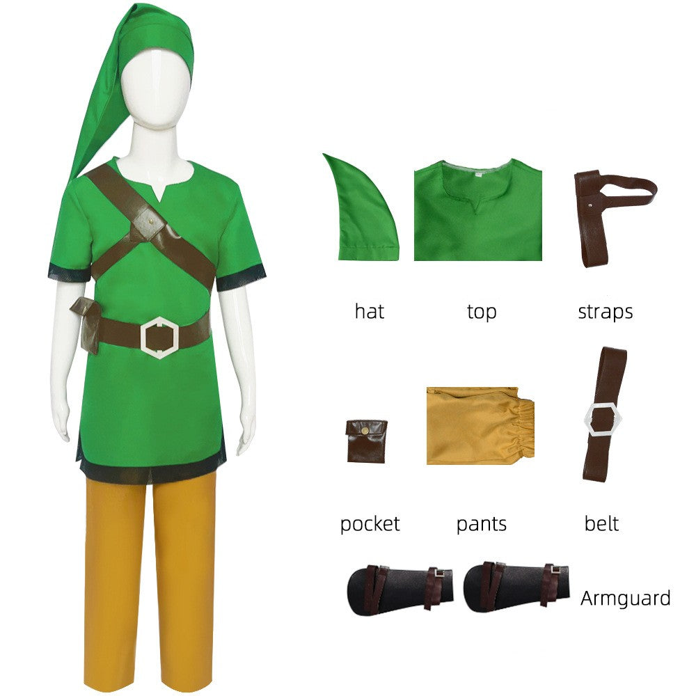 Link Cosplay Costume – The Legend of Zelda: Skyward Sword | Green Tunic, Tan Trousers, Brown Leather Strap, Belt & Elf Hat | XS–3XL