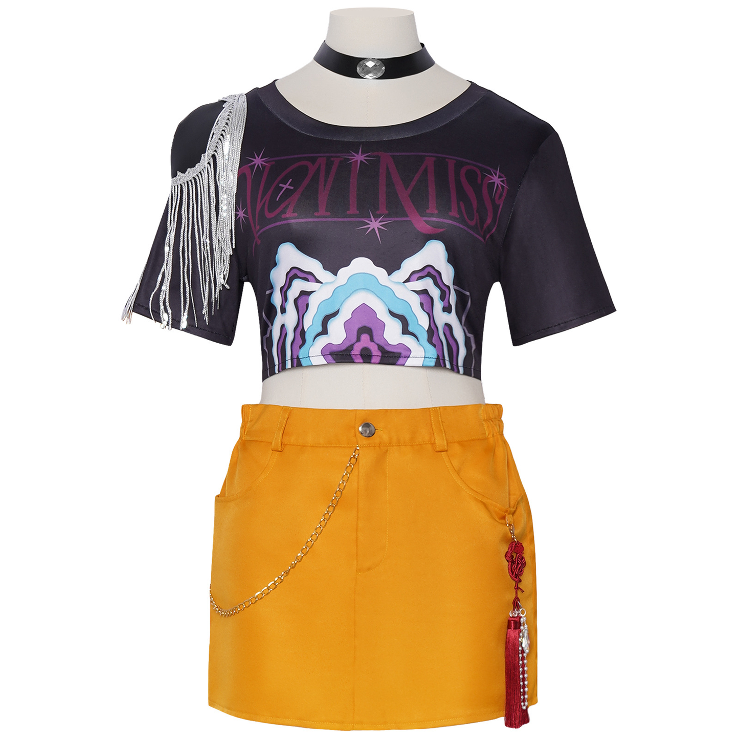 Mira Cosplay Costume – Witch Hunt | Black Graphic Crop Top, Yellow Mini Skirt, Choker, Fringe & Printed Tights | Kids & Adults