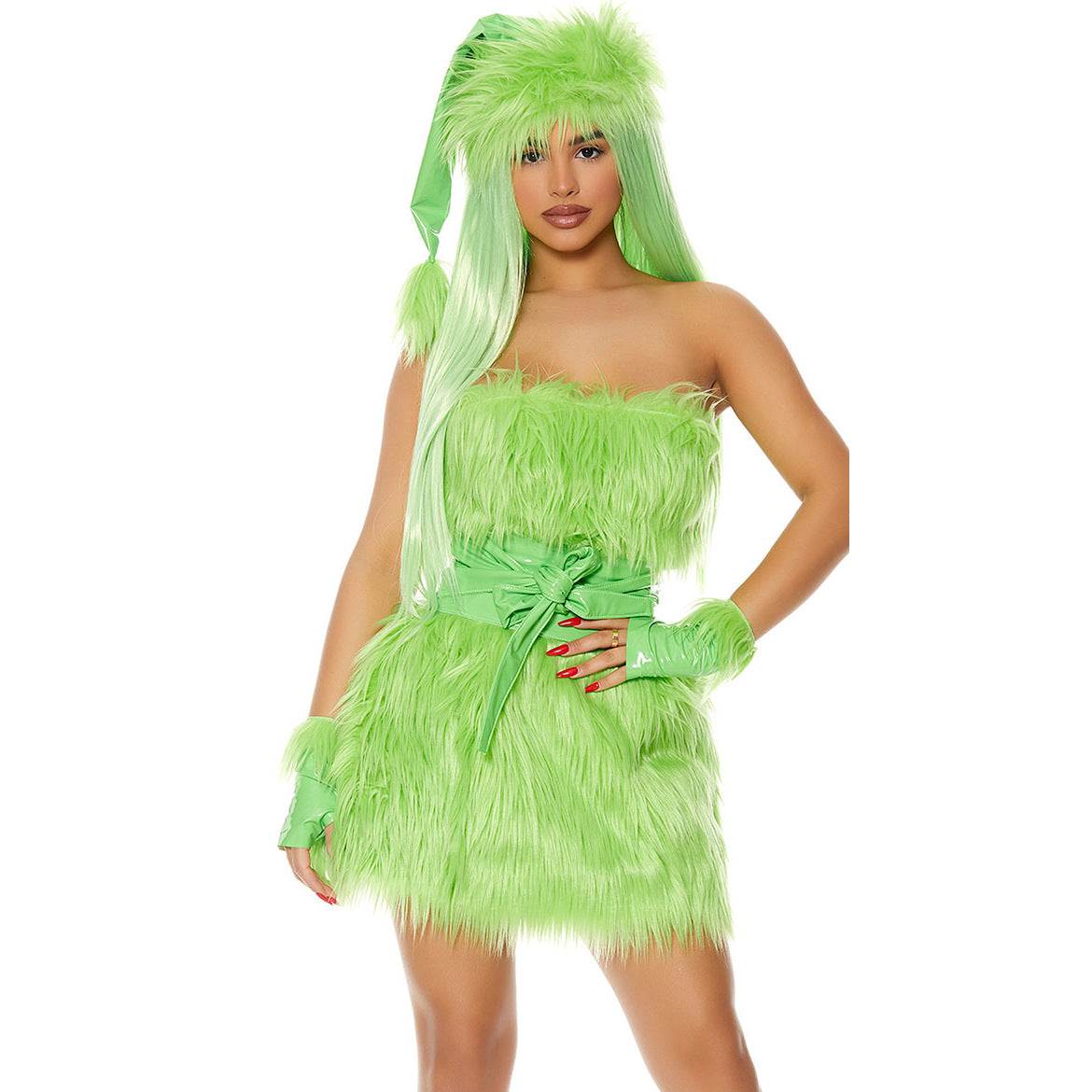 Green Monster Costume – Sexy Faux Fur Strapless Mini Dress with Hat & Gloves | Women's S–XL