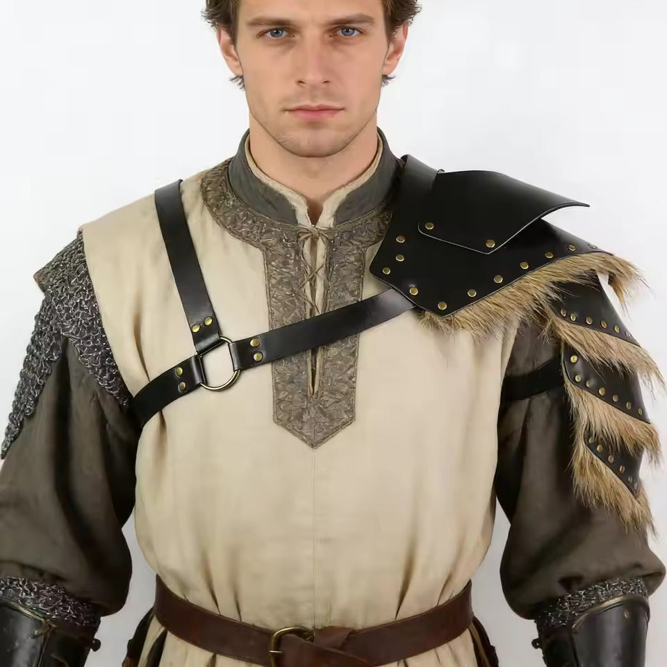 Medieval Viking Men's Feathered Single-Shoulder Armor Strap Cosplay Halloween Costume Prop