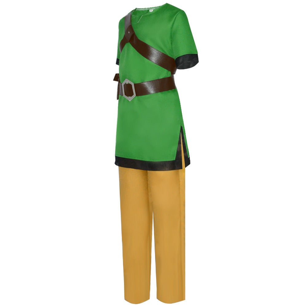 Link Cosplay Costume – The Legend of Zelda: Skyward Sword | Green Tunic, Tan Trousers, Brown Leather Strap, Belt & Elf Hat | XS–3XL