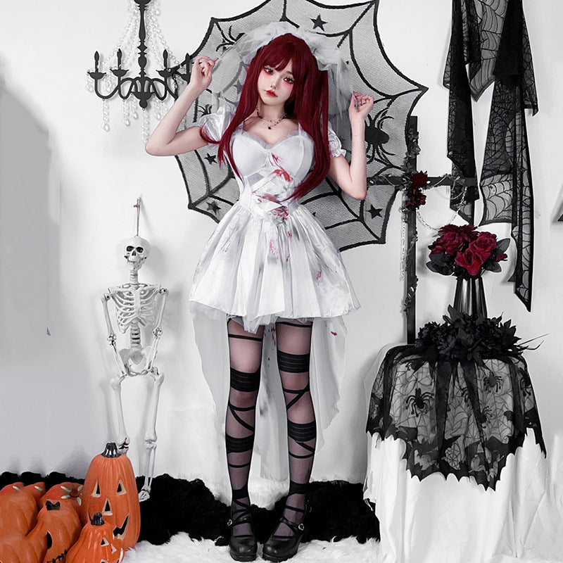 Gothic Zombie Bride Halloween Costume | Blood Splatter Dress & Veil Set | Women's