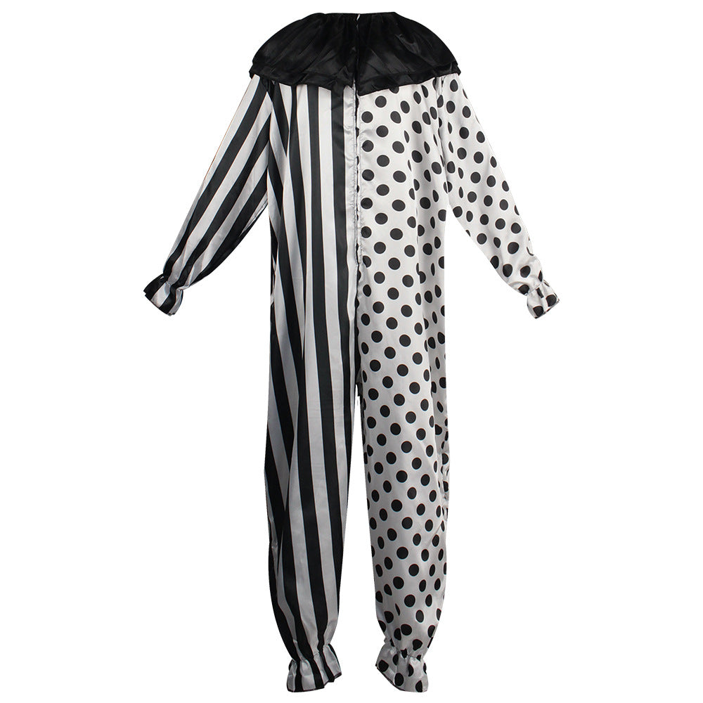 Horror Clown Halloween Jumpsuit with Mask – Black & White Polka Dot & Stripe | One Size