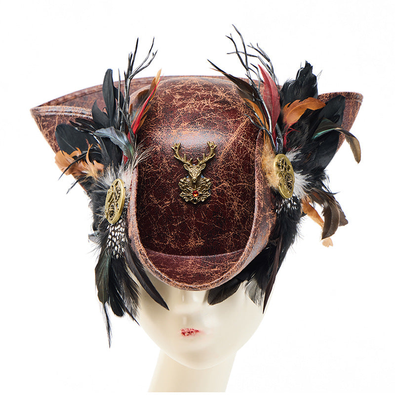 Punk Stage Performance Caribbean Pirate Costume Halloween Faux Leather Pirate Hat with Gear and Feather Triangular Hat