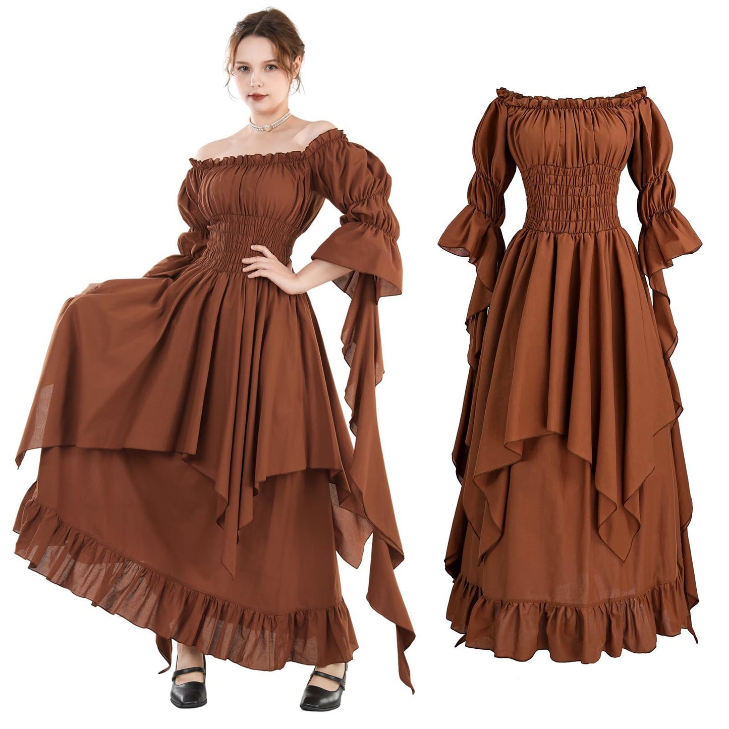 Medieval Renaissance Peasant Dress – Off-Shoulder Smocked Waist Hi-Lo Ruffle Gown | 9 Colors
