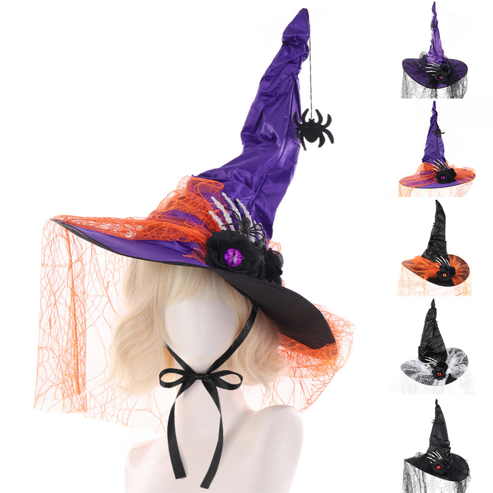 Halloween Ruffled Lace Witch Hat for Party, Costume Cosplay, Black Bone Decorated Wizard Hat
