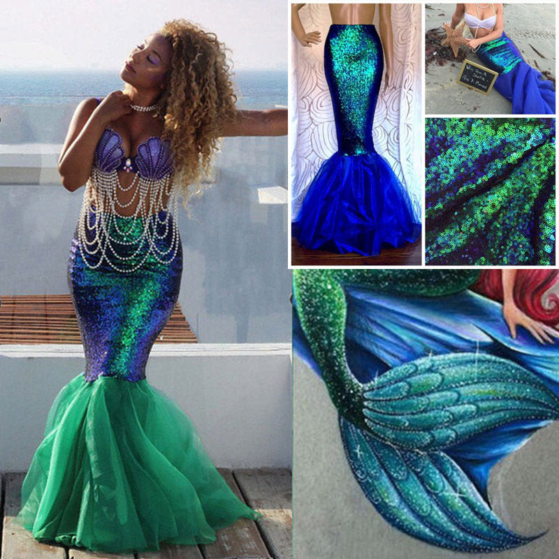 Women's Mermaid Tail Skirt – Floor-Length Fitted Costume Skirt | Green & Blue | S–2XL