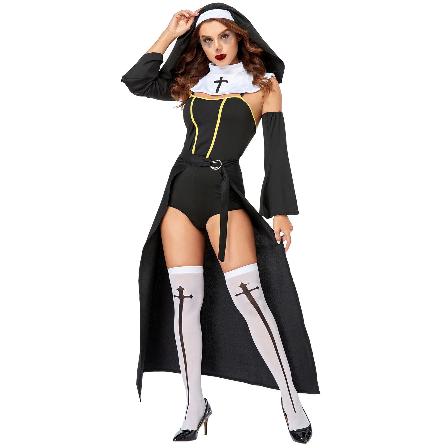 Sexy Nun Halloween Costume – Black Bodysuit, Maxi Skirt Overlay, Headscarf & Cross Socks | Women's M–XL