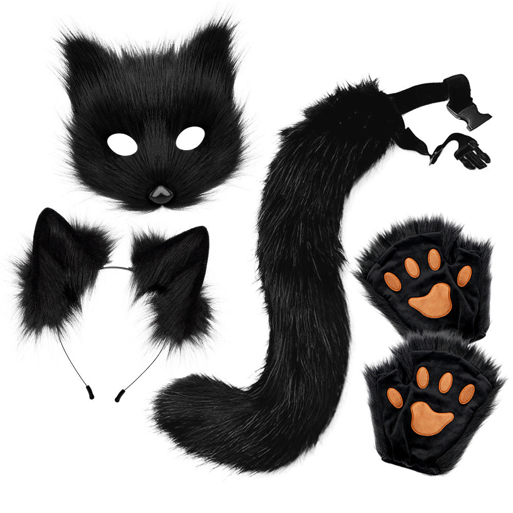 Halloween Plush Fox Mask Set with Faux Fox Ears Headband, Tail, Animal Paws and Cosplay Accessories