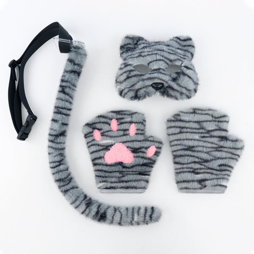 Halloween Plush Cat Mask, Tail and Gloves Set - Handmade Cosplay Costume Accessories for Parties
