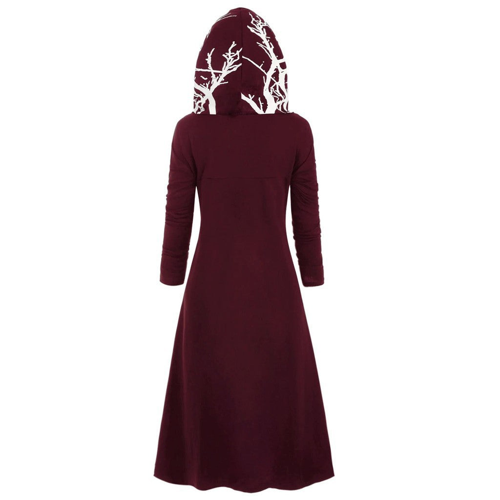 Halloween Costume Cloak with Hood Irregular Hem Printed Long Sleeve Coat
