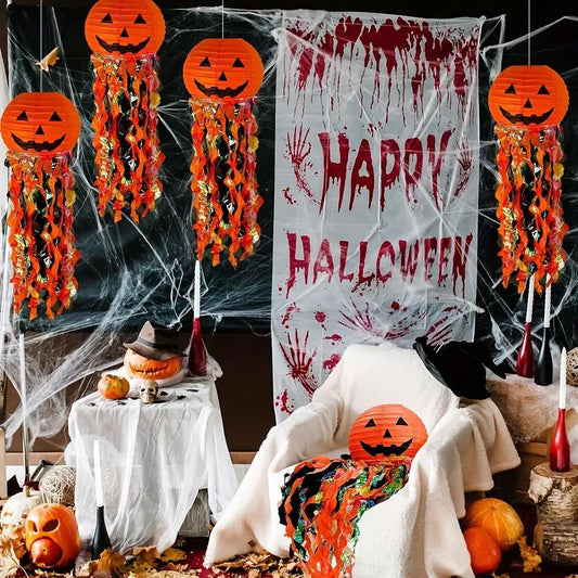 Halloween Paper Lantern DIY Handmade Jellyfish Pumpkin Head Lantern Hanging Decoration Prop Decor Scary Haunted House Door Hanging Ornament