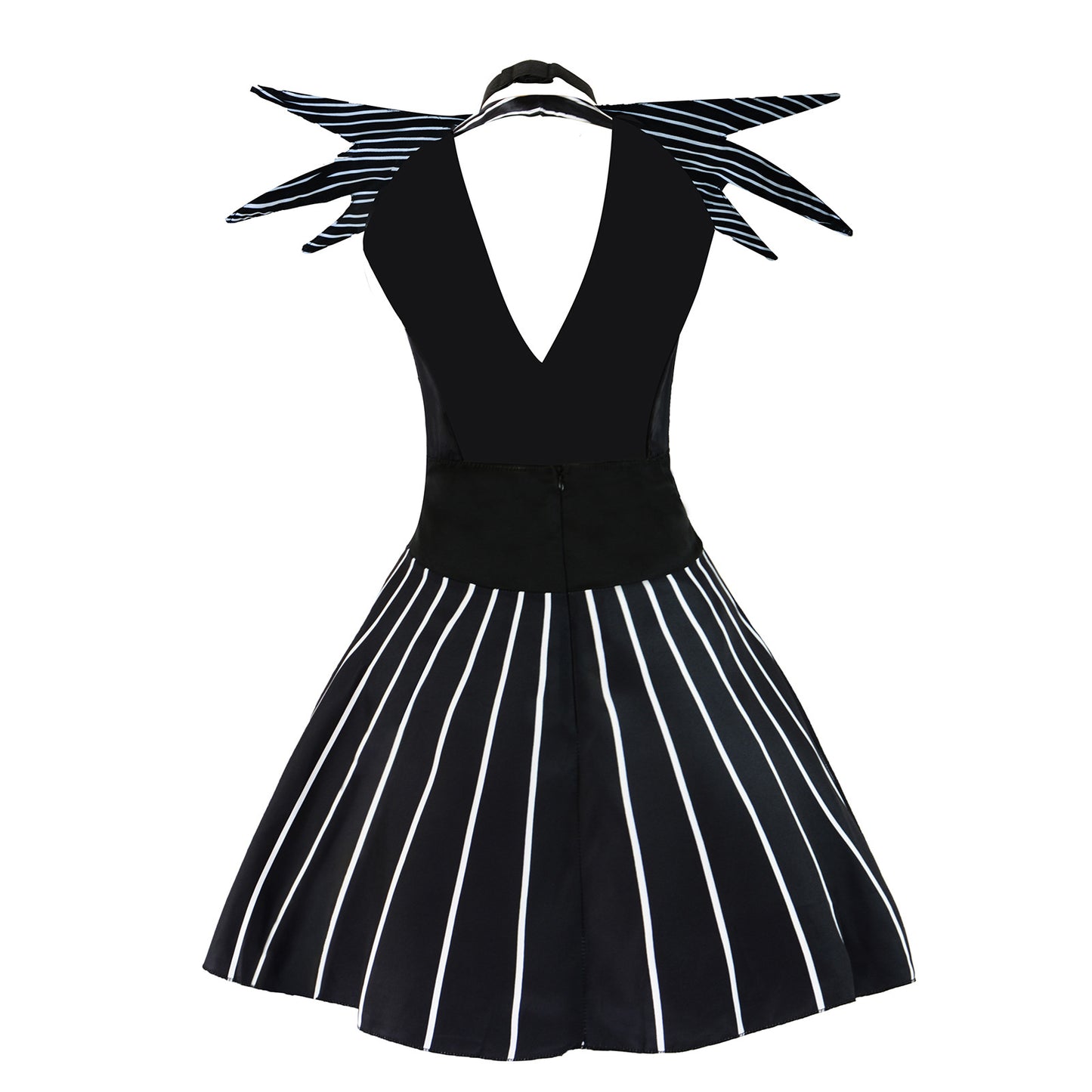 Jack Skellington Gender-Swap Cosplay Dress – The Nightmare Before Christmas | Pinstripe Halter Mini Dress, Bat-Wing Collar & Eye Mask | XS–3XL