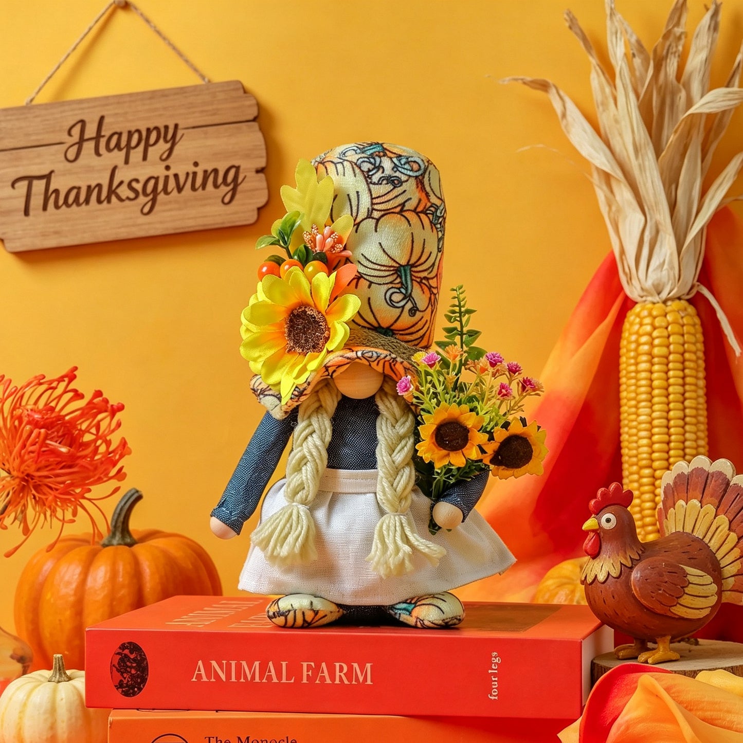 Gratitude Festival Plush Toy with Sunflower, Hat, and Maple Leaf Decoration for Harvest Festival