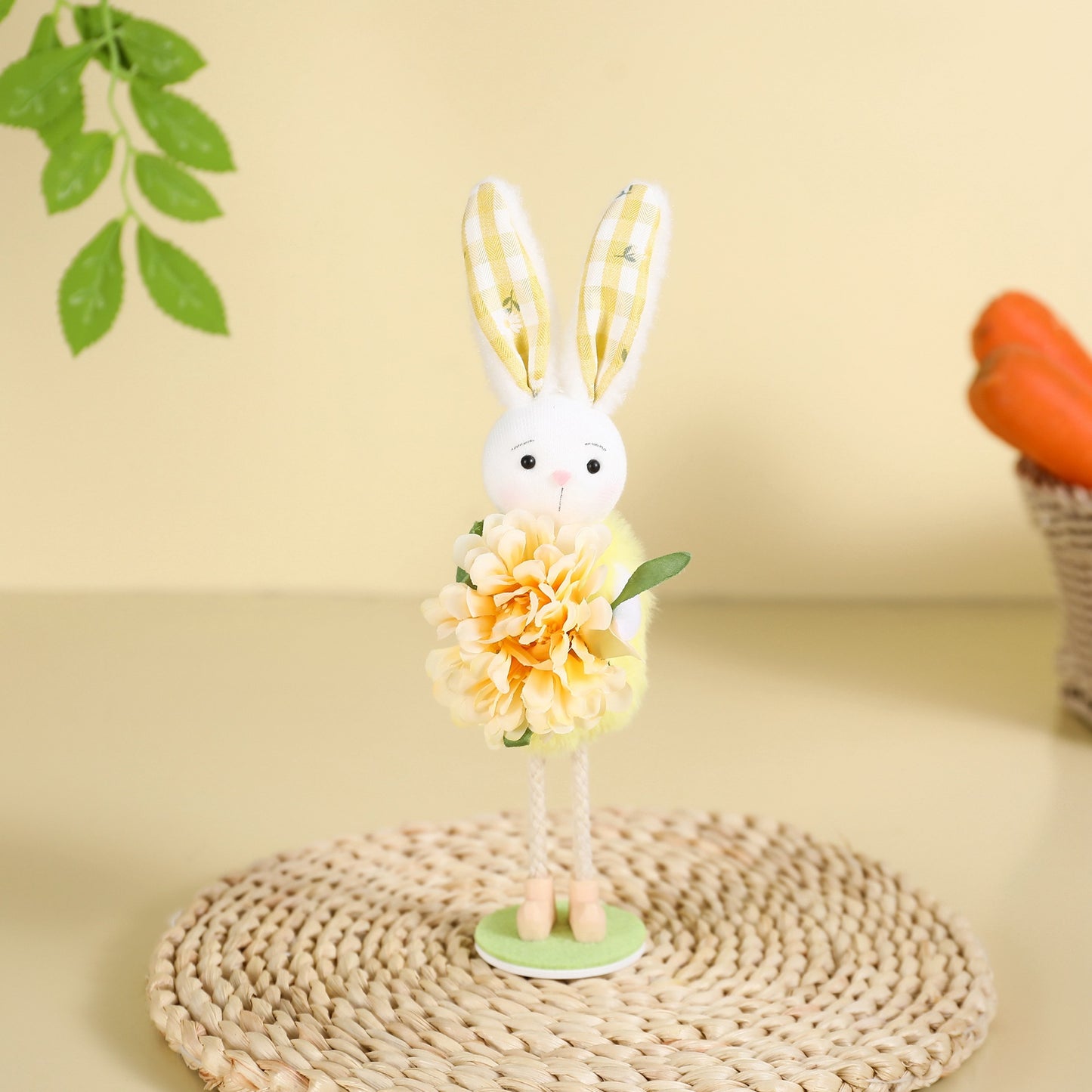 Rabbit Standing Easter Decorative Figurine for Living Room Fireplace, Kids Gift with Flower Decoration for Party