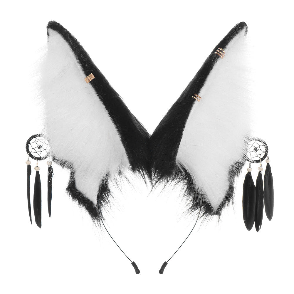 Handmade Plush Animal Ears Headband with Dreamcatcher Accessory, Halloween Costume Anubis Egyptian Cosplay Headpiece