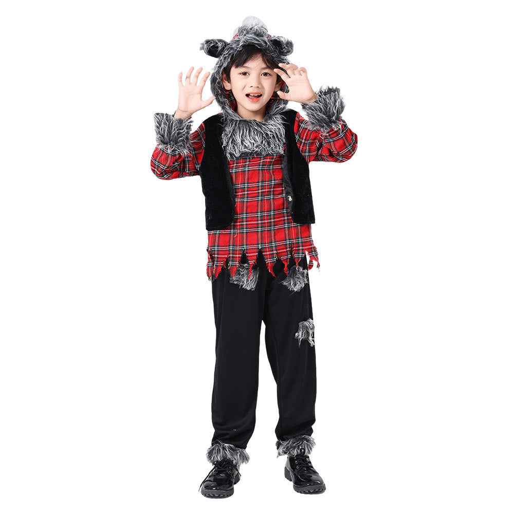 Kids' Werewolf Halloween Costume – Plaid Shirt & Pants with Faux Fur Trim | Unisex | Heights 105–145 cm