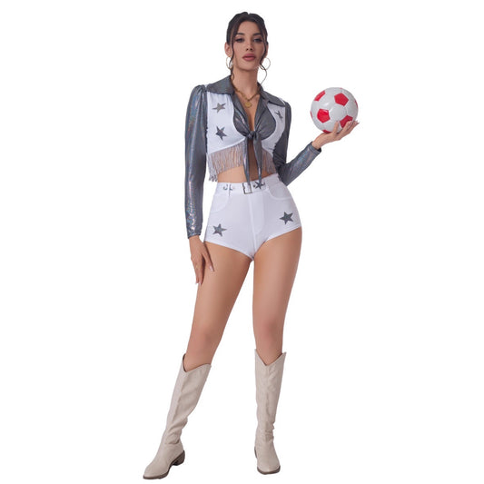Women's Sexy Cheerleader Halloween Costume – Star Print Crop Jacket & Shorts Set | 4 Styles | M–XL