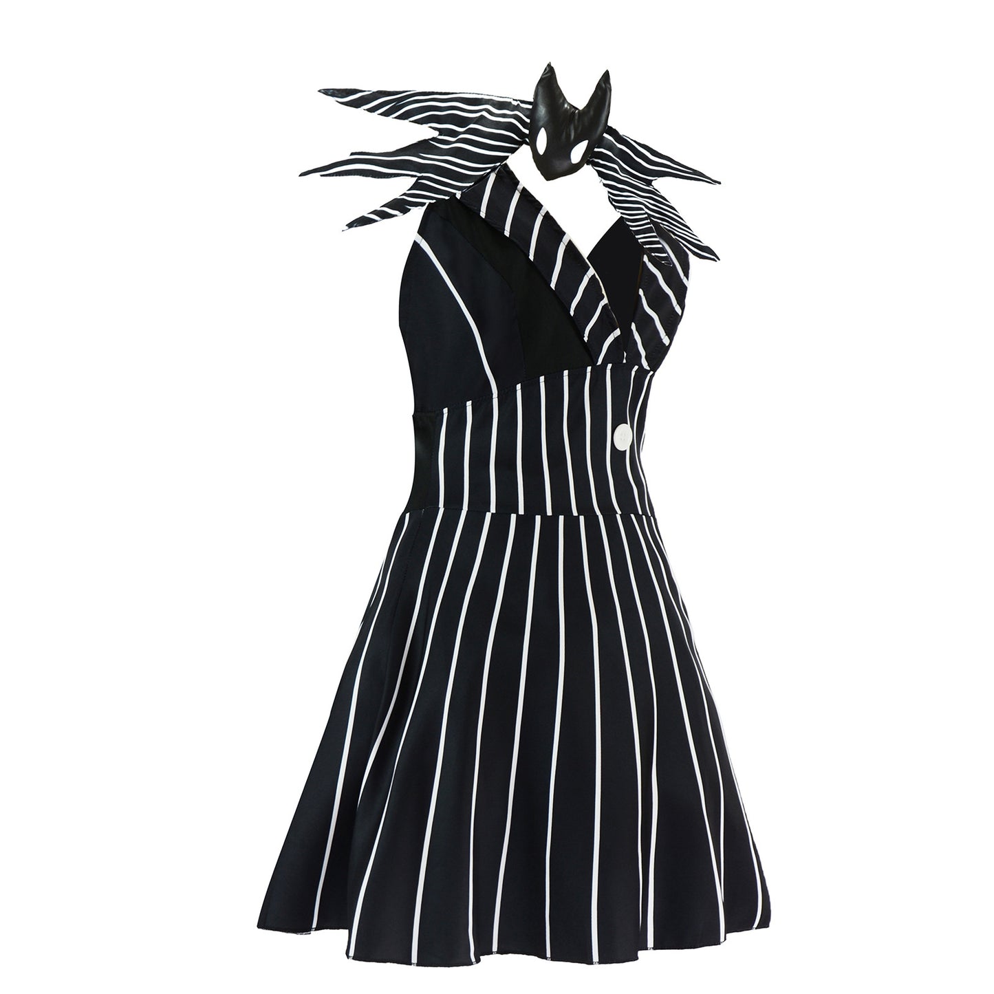 Jack Skellington Gender-Swap Cosplay Dress – The Nightmare Before Christmas | Pinstripe Halter Mini Dress, Bat-Wing Collar & Eye Mask | XS–3XL