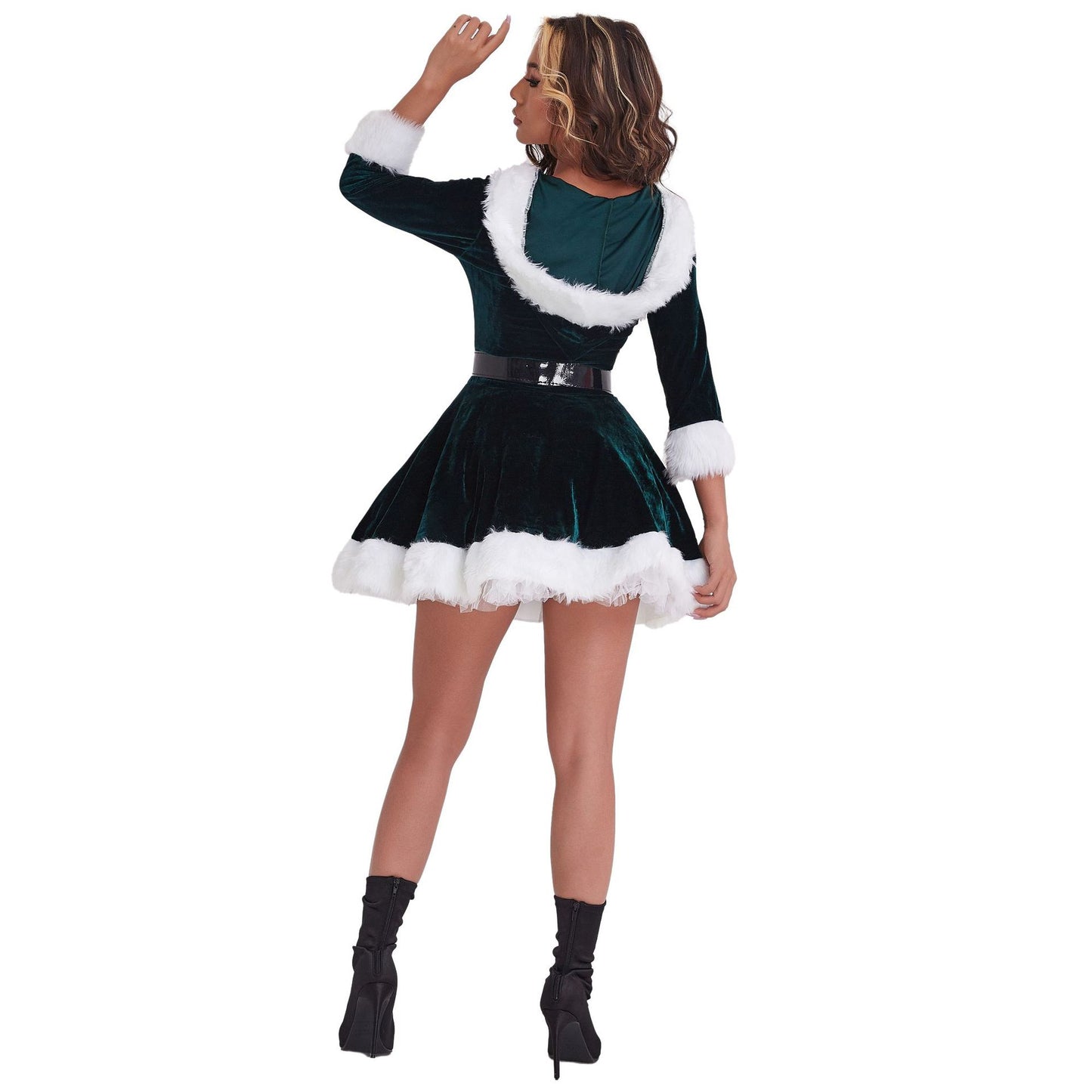 Women's Velvet Christmas Mini Dress Set – Long Sleeve with Santa Hat & Belt | Red & Green | S–2XL