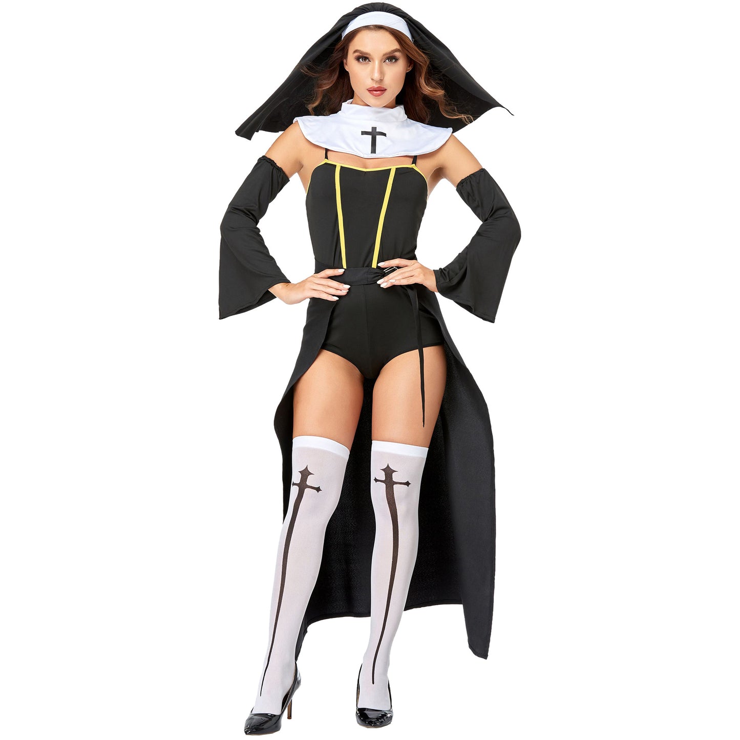 Sexy Nun Halloween Costume – Black Bodysuit, Maxi Skirt Overlay, Headscarf & Cross Socks | Women's M–XL
