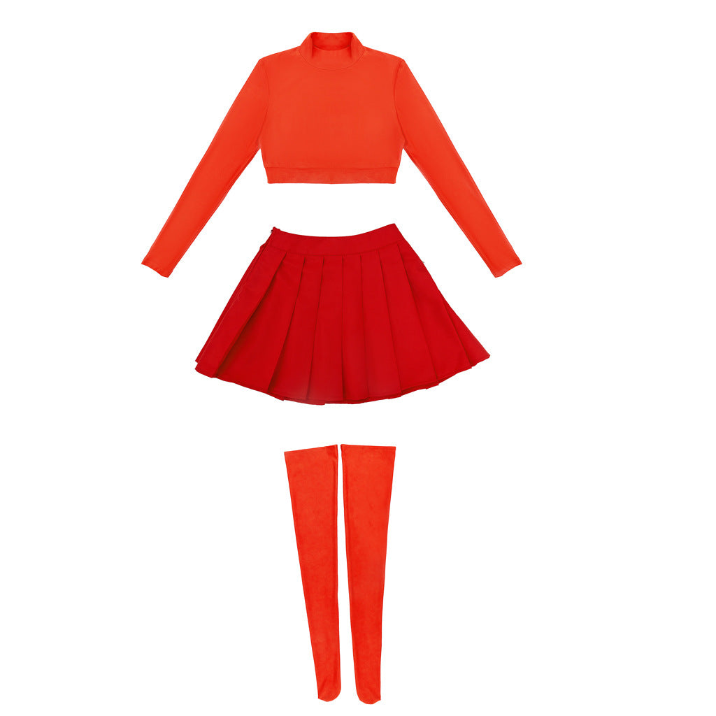 Velma Dinkley Cosplay Costume – Scooby-Doo | Orange Crop Top, Red Pleated Skirt & Orange Tights | XS–3XL