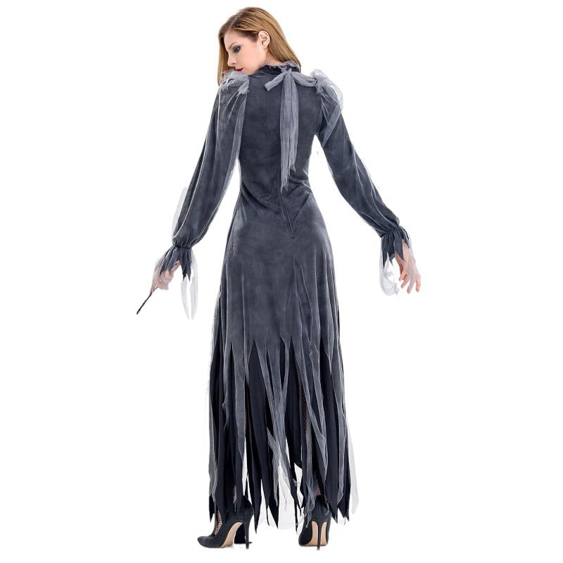 Women's Ghost Bride Halloween Gown – Dark Grey Tattered Mesh Dress with Sheer Sleeves & Jewelled Choker | S–2XL