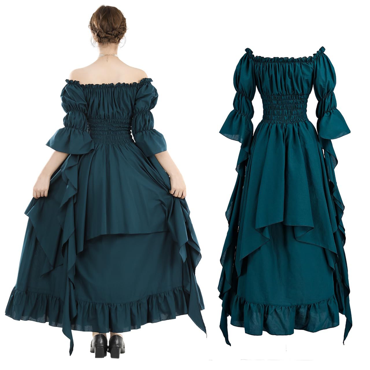 Medieval Renaissance Peasant Dress – Off-Shoulder Smocked Waist Hi-Lo Ruffle Gown | 9 Colors