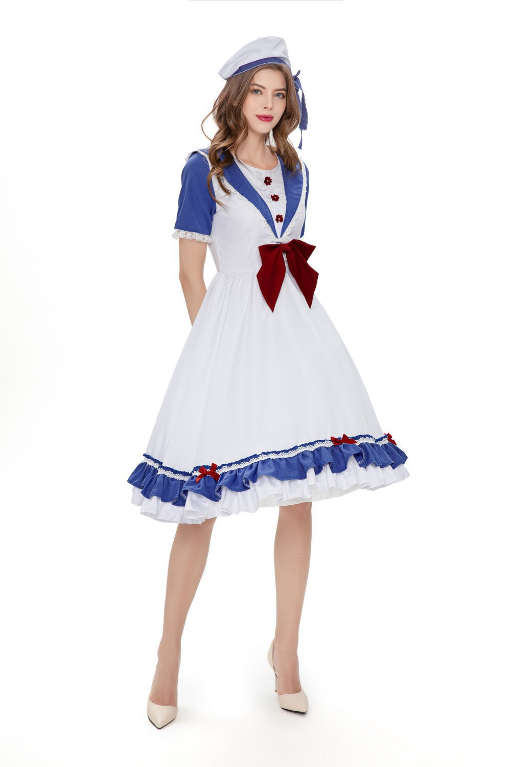 Women's Alice in Wonderland Lolita Cosplay Dress Set – White & Blue Sailor Collar Midi Dress with Ruffle Hem & Beret Hat | S–XL
