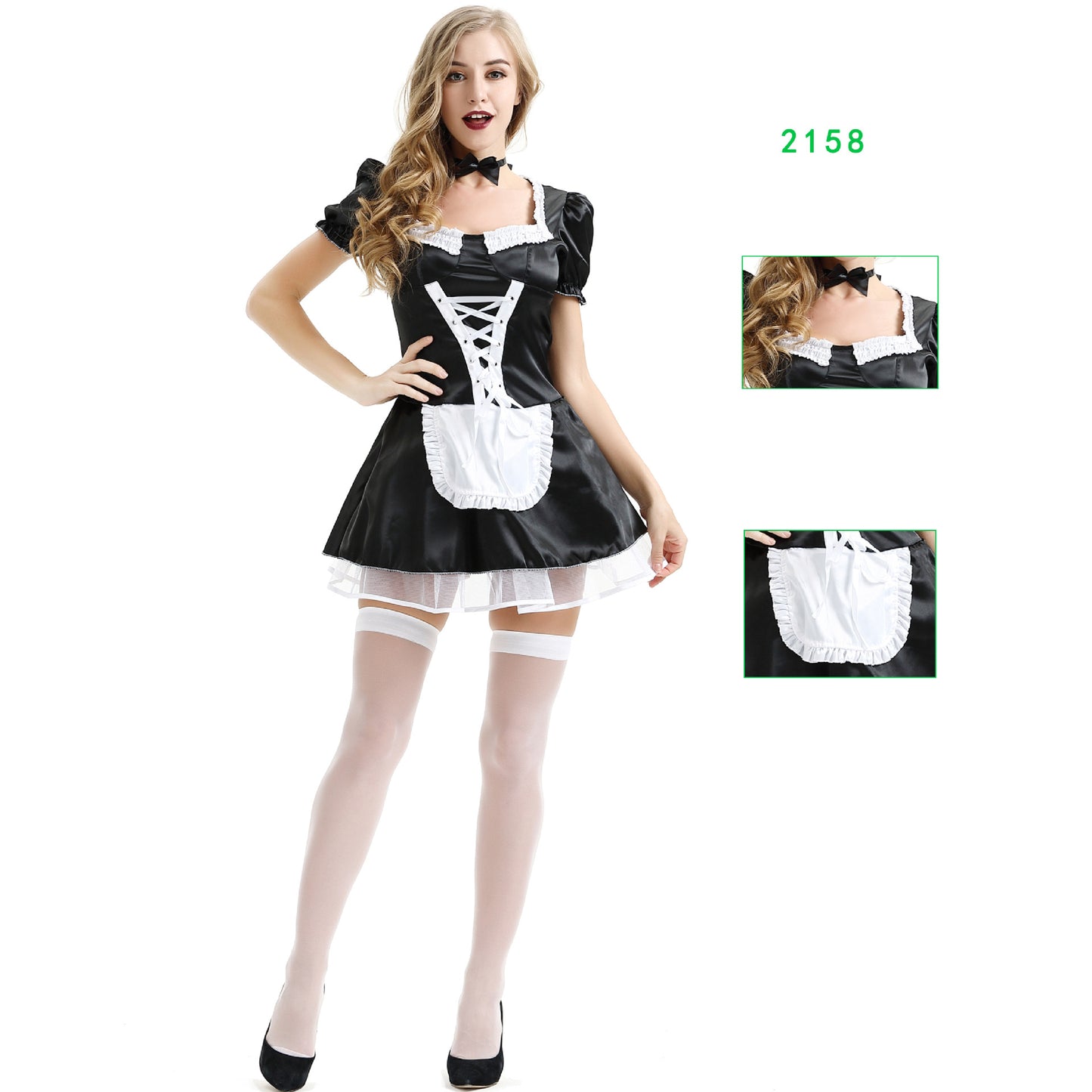 Sexy Maid Costume – Black Mini Dress with Neck Tie | 2 Styles | Women's S–6XL