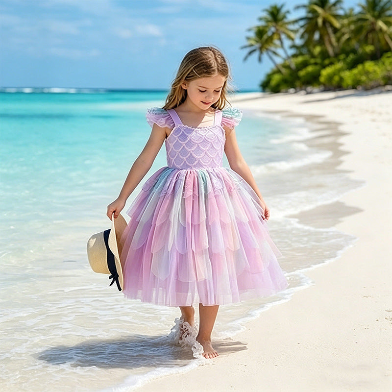 Girls' Summer Gradient Mesh Princess Dress with Sequins, Puffy Formal Dress for Kids Birthday and Performance