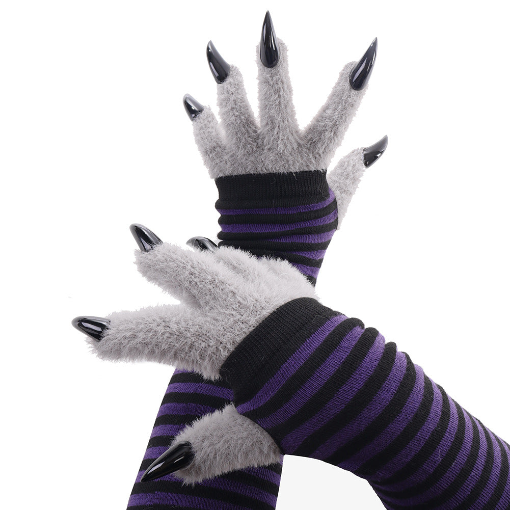 Kigurumi Claw Plush Gloves Striped Long Sleeve Gloves Warm Pointed Claw Design Cosplay Performance Props