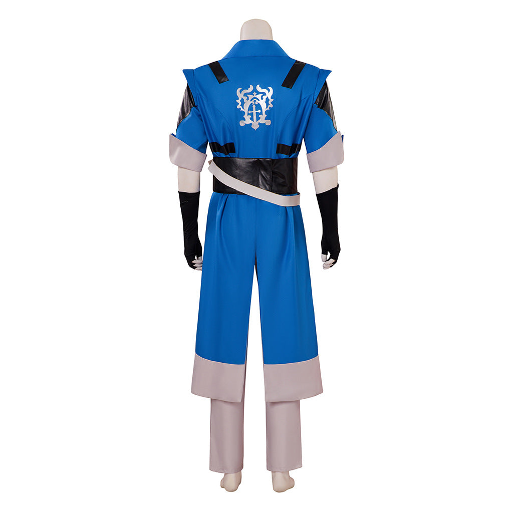 Richter Belmont Cosplay Costume – Castlevania | Blue Tunic, Grey Trousers, Shoulder Armor, Gloves & Headband | S–2XL