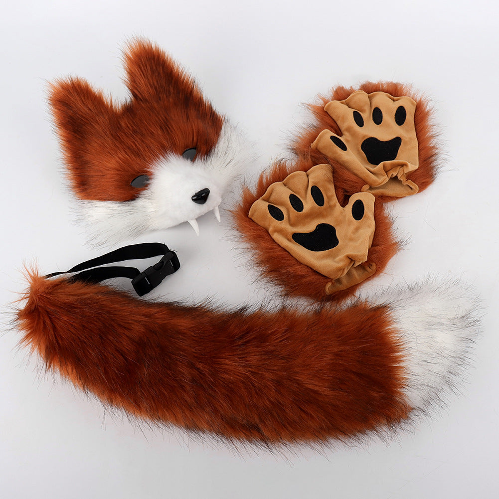 Halloween Realistic Wolf Tooth Mask 3D Set Cosplay Lone Wolf Plush Animal Tail Party Costume Accessory