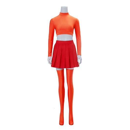 Velma Dinkley Cosplay Costume – Scooby-Doo | Orange Crop Top, Red Pleated Skirt & Orange Tights | XS–3XL