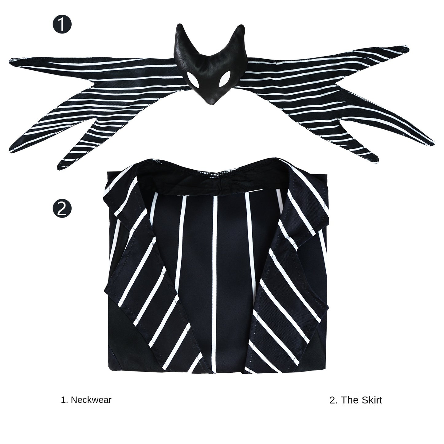 Jack Skellington Gender-Swap Cosplay Dress – The Nightmare Before Christmas | Pinstripe Halter Mini Dress, Bat-Wing Collar & Eye Mask | XS–3XL