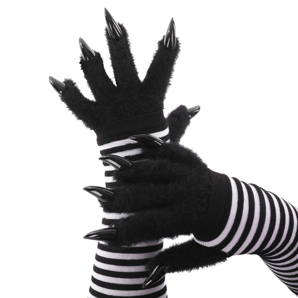 Kigurumi Claw Plush Gloves Striped Long Sleeve Gloves Warm Pointed Claw Design Cosplay Performance Props